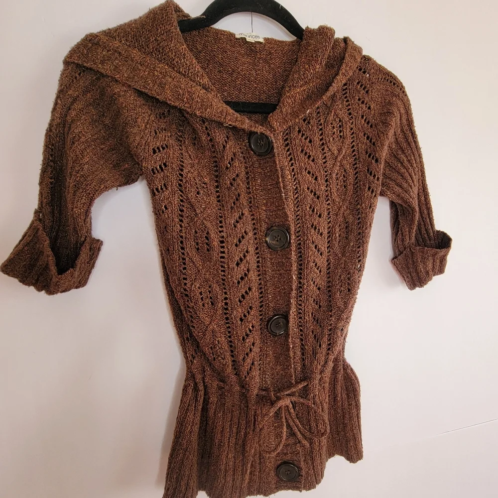 Maurices Brown Knit Hooded Cardigan Sweater Button Front Size M - Picture 3 of 11